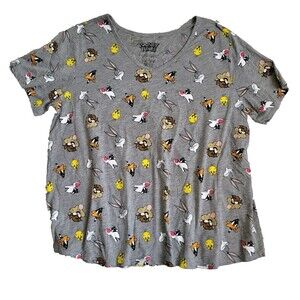 Looney Tunes Tee Shirt Womens 2X Gray Cartoon Characters All Over Print